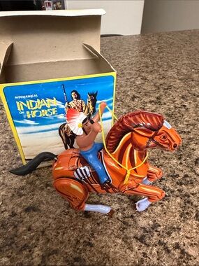 Bright Orange Tin Wind-Up Horse with Rider